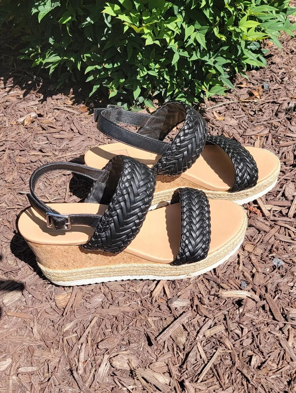 Woven Strap Wedge Sandals - Black